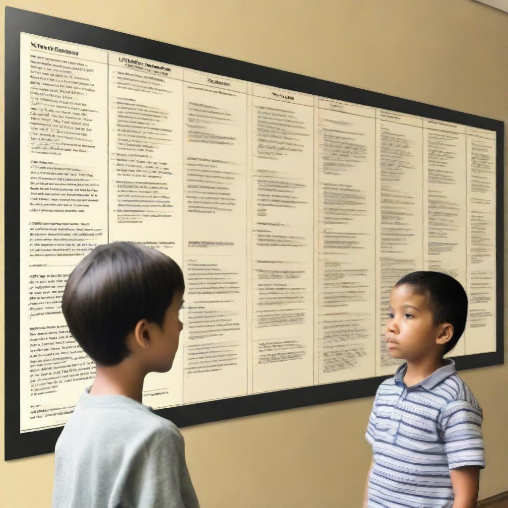 A young boy standing in front of a timeline showing historical events