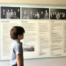 A young boy standing in front of a timeline showing historical events