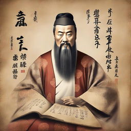 A portrait of Confucius, in ancient Chinese robes, surrounded by symbols of wisdom and his teachings. The background features an old parchment with faded Chinese calligraphy.