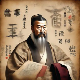 A portrait of Confucius, in ancient Chinese robes, surrounded by symbols of wisdom and his teachings. The background features an old parchment with faded Chinese calligraphy.