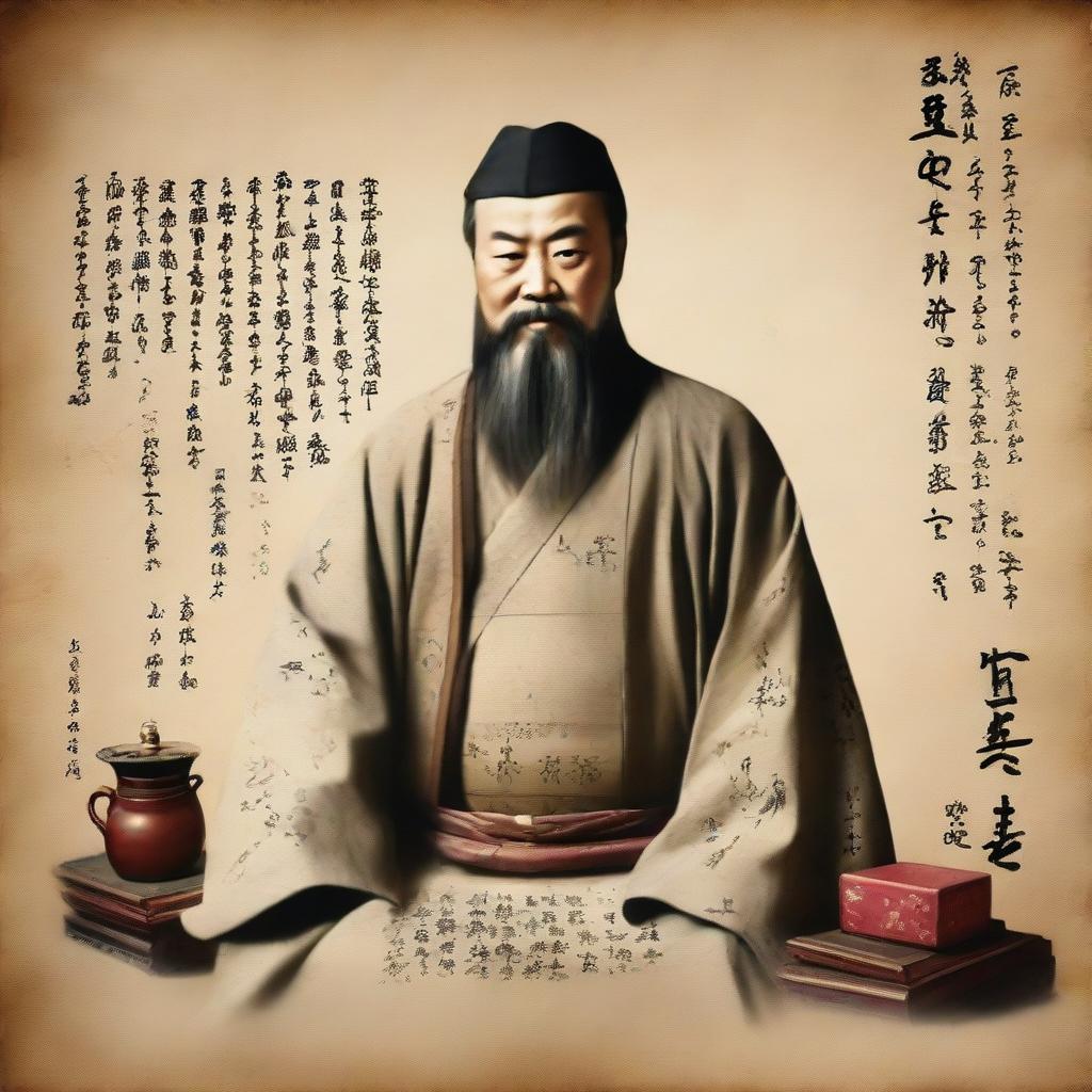 A portrait of Confucius, in ancient Chinese robes, surrounded by symbols of wisdom and his teachings. The background features an old parchment with faded Chinese calligraphy.