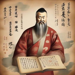 A portrait of Confucius, in ancient Chinese robes, surrounded by symbols of wisdom and his teachings. The background features an old parchment with faded Chinese calligraphy.