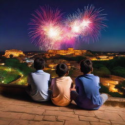 Three Indian boys sitting on a terrace, captivated by the sight of colorful fireworks illuminating the night sky high above the distant Jodhpur Fort during Diwali celebration