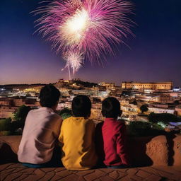 Three Indian boys sitting on a terrace, captivated by the sight of colorful fireworks illuminating the night sky high above the distant Jodhpur Fort during Diwali celebration