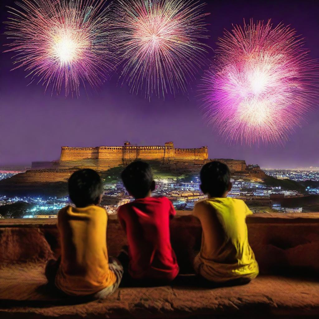 Three Indian boys sitting on a terrace, captivated by the sight of colorful fireworks illuminating the night sky high above the distant Jodhpur Fort during Diwali celebration