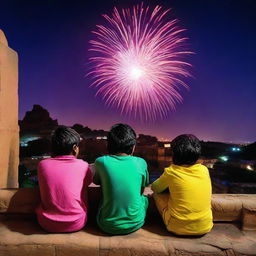 Three Indian boys sitting on a terrace, captivated by the sight of colorful fireworks illuminating the night sky high above the distant Jodhpur Fort during Diwali celebration