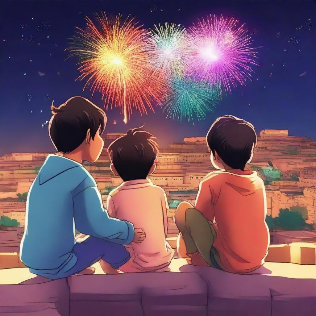 Three Indian boys in modern anime style sitting on a terrace, watching colorful fireworks above the distant Jodhpur Fort during a Diwali celebration. The scene is ultra-high-definition (4K)