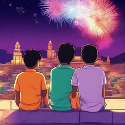 Three Indian boys in modern anime style sitting on a terrace, watching colorful fireworks above the distant Jodhpur Fort during a Diwali celebration. The scene is ultra-high-definition (4K)