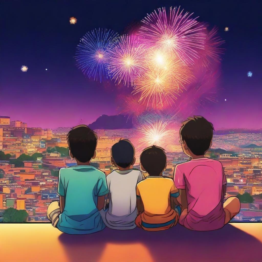 Three Indian boys in modern anime style sitting on a terrace, watching colorful fireworks above the distant Jodhpur Fort during a Diwali celebration. The scene is ultra-high-definition (4K)