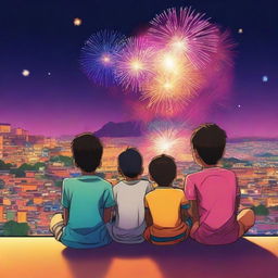 Three Indian boys in modern anime style sitting on a terrace, watching colorful fireworks above the distant Jodhpur Fort during a Diwali celebration. The scene is ultra-high-definition (4K)