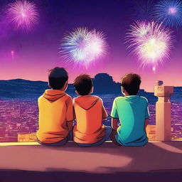 Three Indian boys in modern anime style sitting on a terrace, watching colorful fireworks above the distant Jodhpur Fort during a Diwali celebration. The scene is ultra-high-definition (4K)