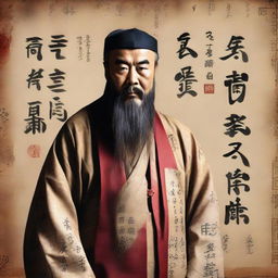 A cinematic 16:9 aspect ratio portrait of Confucius, in ancient Chinese robes, surrounded by symbols of wisdom and his teachings. The background features an old parchment with faded Chinese calligraphy. (Version 5)