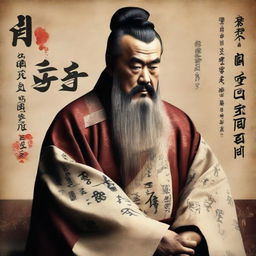 A cinematic 16:9 aspect ratio portrait of Confucius, in ancient Chinese robes, surrounded by symbols of wisdom and his teachings. The background features an old parchment with faded Chinese calligraphy. (Version 5)