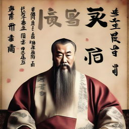 A cinematic 16:9 aspect ratio portrait of Confucius, in ancient Chinese robes, surrounded by symbols of wisdom and his teachings. The background features an old parchment with faded Chinese calligraphy. (Version 5)