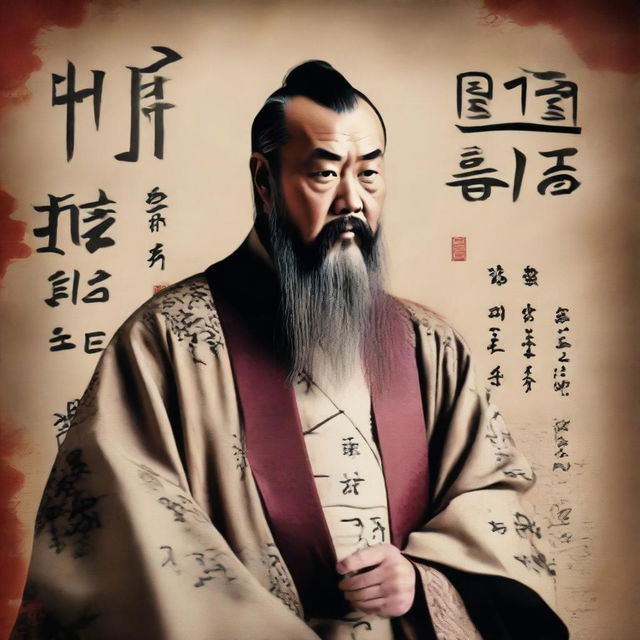 A cinematic 16:9 aspect ratio portrait of Confucius, in ancient Chinese robes, surrounded by symbols of wisdom and his teachings. The background features an old parchment with faded Chinese calligraphy. (Version 5)