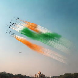 Celebration of India's Republic Day, featuring airplanes flying overhead, emitting tricolour smoke trails (saffron, white, and green) to represent the Indian flag in the sky.