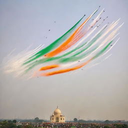 Celebration of India's Republic Day, featuring airplanes flying overhead, emitting tricolour smoke trails (saffron, white, and green) to represent the Indian flag in the sky.