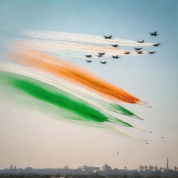 Celebration of India's Republic Day, featuring airplanes flying overhead, emitting tricolour smoke trails (saffron, white, and green) to represent the Indian flag in the sky.