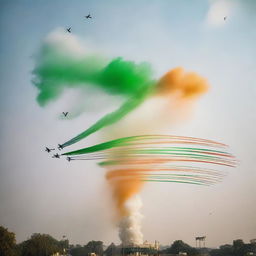 Celebration of India's Republic Day, featuring airplanes flying overhead, emitting tricolour smoke trails (saffron, white, and green) to represent the Indian flag in the sky.