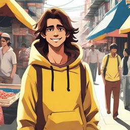 A 20-year-old Indian man with long wavy hair, wearing a yellow smiley hoodie and brown pants, walking around in a busy local Indian market during a vibrant sunny day. The image is in modern anime style with super ultra-high-definition (4K) quality