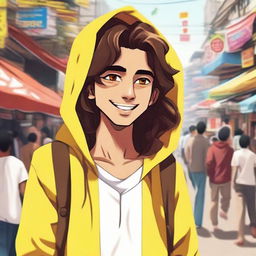 A 20-year-old Indian man with long wavy hair, wearing a yellow smiley hoodie and brown pants, walking around in a busy local Indian market during a vibrant sunny day. The image is in modern anime style with super ultra-high-definition (4K) quality