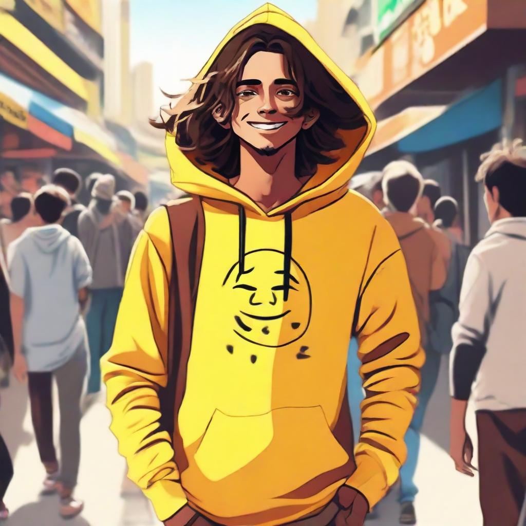 A 20-year-old Indian man with long wavy hair, wearing a yellow smiley hoodie and brown pants, walking around in a busy local Indian market during a vibrant sunny day. The image is in modern anime style with super ultra-high-definition (4K) quality