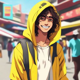 A 20-year-old Indian man with long wavy hair, wearing a yellow smiley hoodie and brown pants, walking around in a busy local Indian market during a vibrant sunny day. The image is in modern anime style with super ultra-high-definition (4K) quality