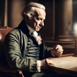 A cinematic 16:9 aspect ratio depiction of Immanuel Kant in 18th century attire, sitting deep in thought with the glow of knowledge surrounding him. The background features an abstract representation of pure reason. (Version 5)