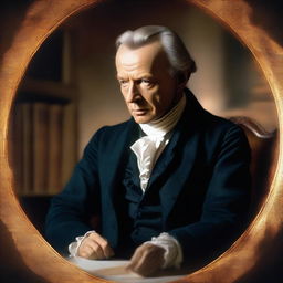 A cinematic 16:9 aspect ratio depiction of Immanuel Kant in 18th century attire, sitting deep in thought with the glow of knowledge surrounding him. The background features an abstract representation of pure reason. (Version 5)