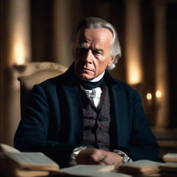 A cinematic 16:9 aspect ratio depiction of Immanuel Kant in 18th century attire, sitting deep in thought with the glow of knowledge surrounding him. The background features an abstract representation of pure reason. (Version 5)