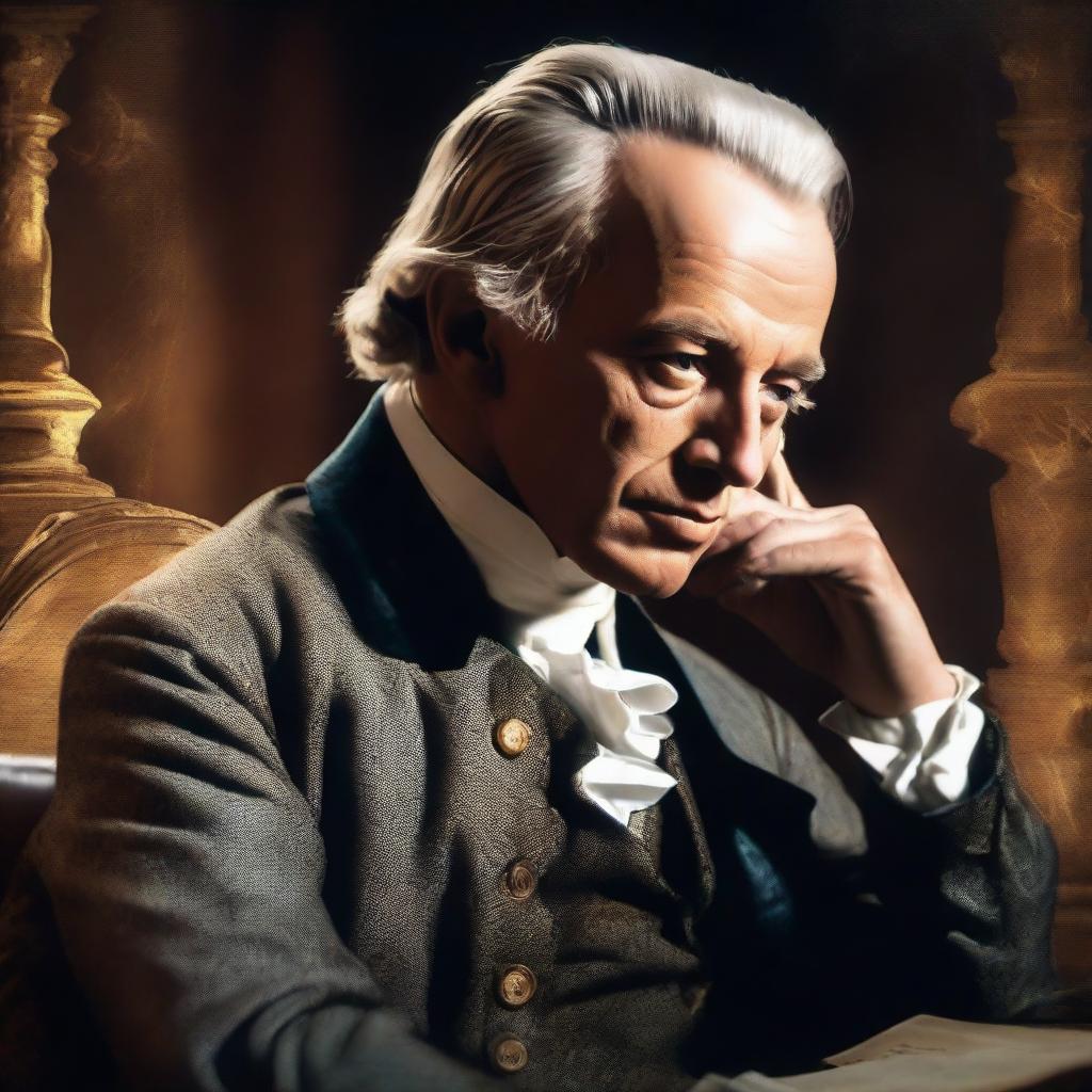 A cinematic 16:9 aspect ratio depiction of Immanuel Kant in 18th century attire, sitting deep in thought with the glow of knowledge surrounding him. The background features an abstract representation of pure reason. (Version 5)