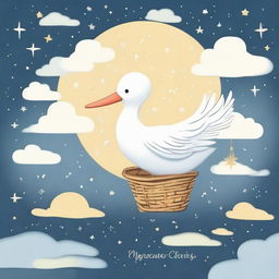 Illustration of an adventure-themed baby arrival announcement, featuring a stork carrying a bundle, amidst a sky full of stars, symbolizing precious moments and joy