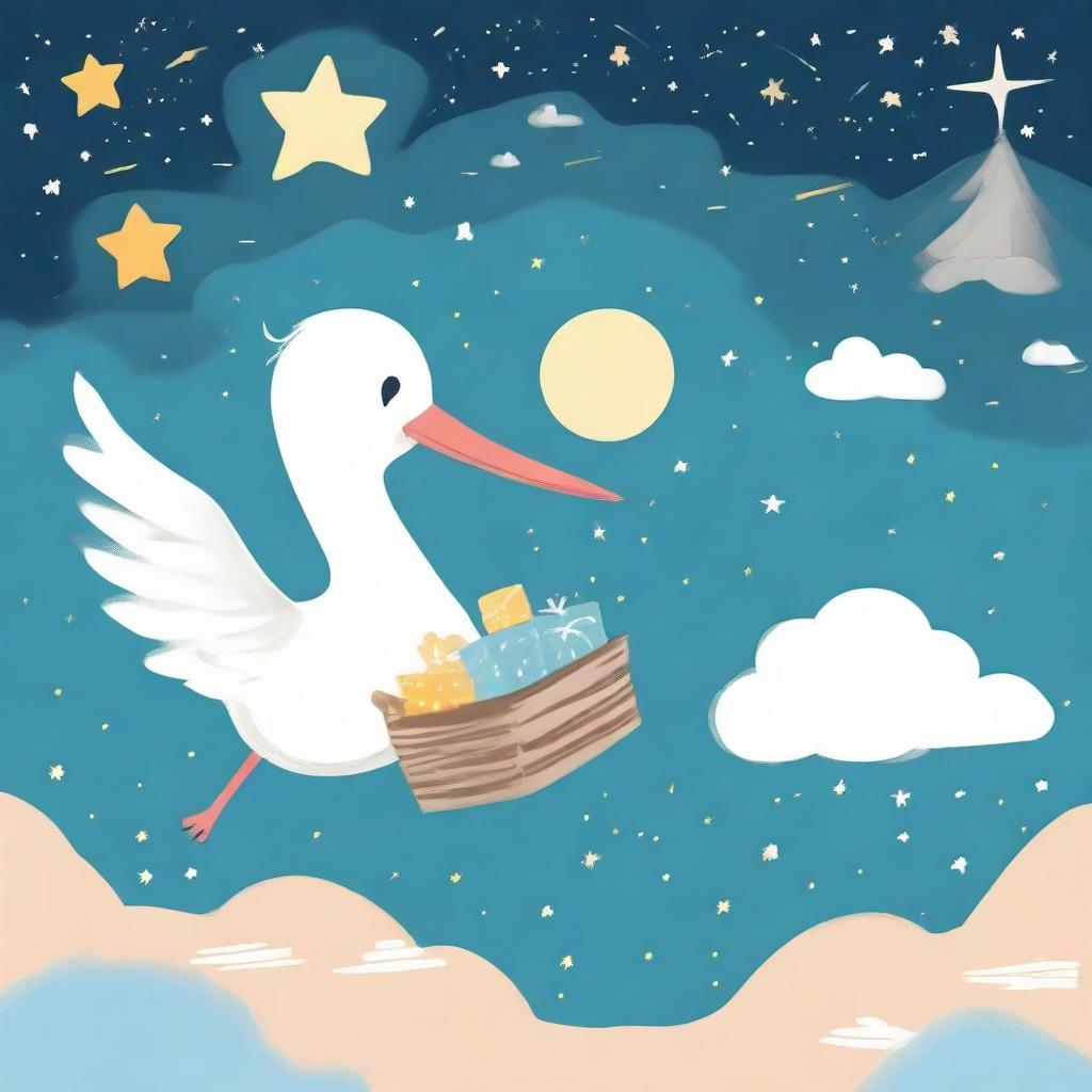 Illustration of an adventure-themed baby arrival announcement, featuring a stork carrying a bundle, amidst a sky full of stars, symbolizing precious moments and joy