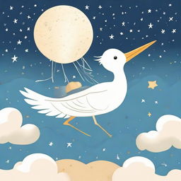 Illustration of an adventure-themed baby arrival announcement, featuring a stork carrying a bundle, amidst a sky full of stars, symbolizing precious moments and joy