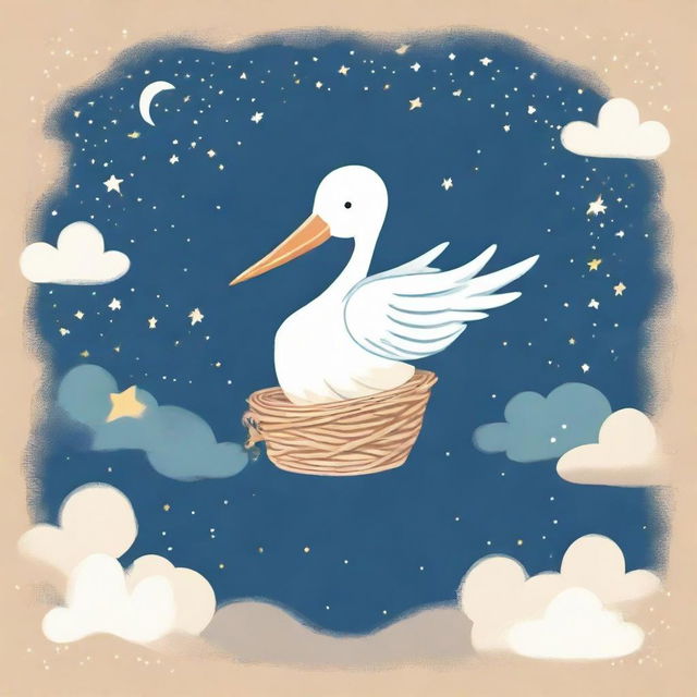 Illustration of an adventure-themed baby arrival announcement, featuring a stork carrying a bundle, amidst a sky full of stars, symbolizing precious moments and joy