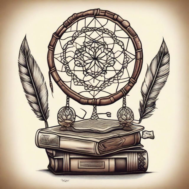 A tattoo design featuring intricate dream catcher intertwined with stack of antique books.