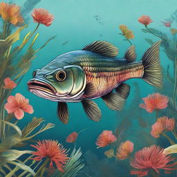 A fully detailed, vibrant representation of Ikan Gabus (Snakehead fish), swimming underwater amidst aquatic flora.