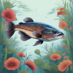 A fully detailed, vibrant representation of Ikan Gabus (Snakehead fish), swimming underwater amidst aquatic flora.