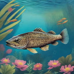 A fully detailed, vibrant representation of Ikan Gabus (Snakehead fish), swimming underwater amidst aquatic flora.