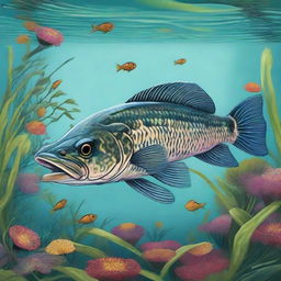 A fully detailed, vibrant representation of Ikan Gabus (Snakehead fish), swimming underwater amidst aquatic flora.