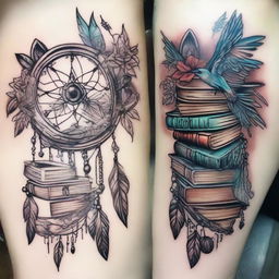 An artistic tattoo design combining elements of books and dream catchers in a unique fusion.