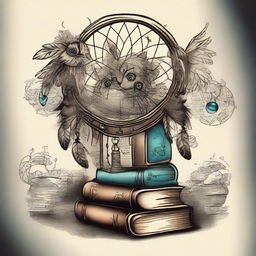 An artistic tattoo design combining elements of books and dream catchers in a unique fusion.