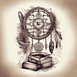 An artistic tattoo design combining elements of books and dream catchers in a unique fusion.