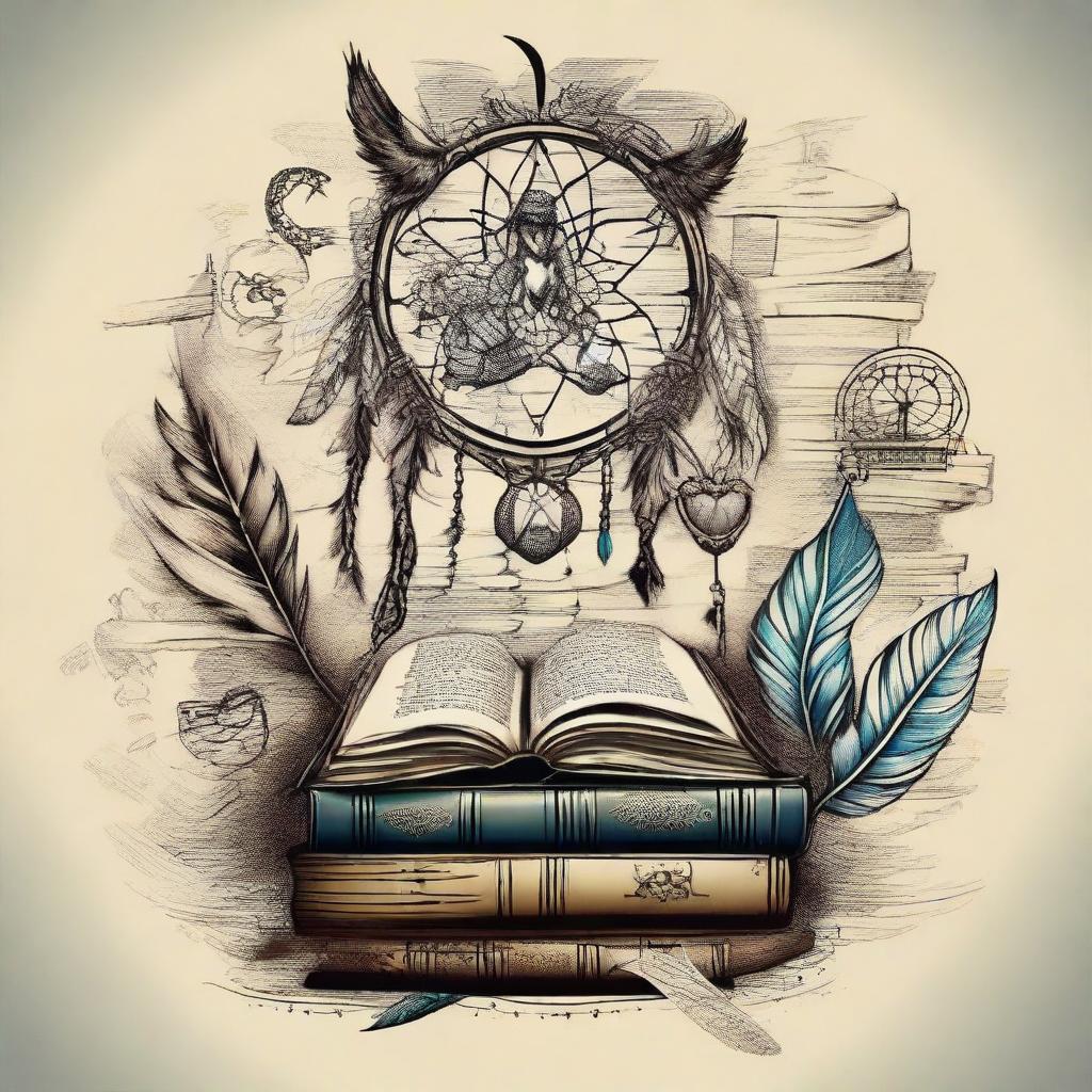 An artistic tattoo design combining elements of books and dream catchers in a unique fusion.