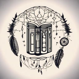 A minimalist tattoo design that skillfully integrates elements of books and dream catchers.