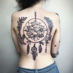 A minimalist tattoo design that skillfully integrates elements of books and dream catchers.