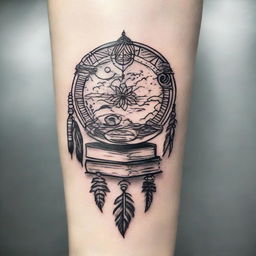 A minimalist tattoo design that skillfully integrates elements of books and dream catchers.