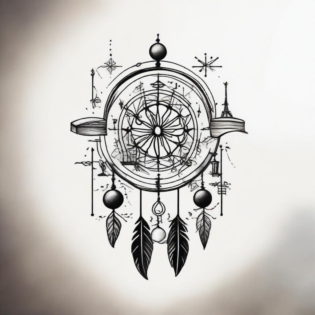 A minimalist tattoo design that skillfully integrates elements of books and dream catchers.