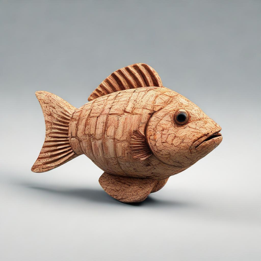 A cork with the shape and proportions of a fish, detailed with realistic textures and colors.