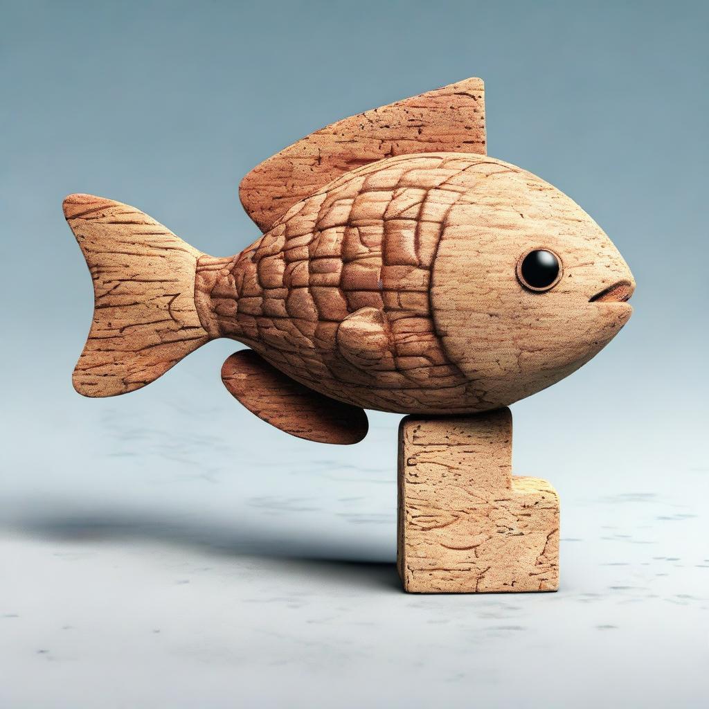 A cork with the shape and proportions of a fish, detailed with realistic textures and colors.